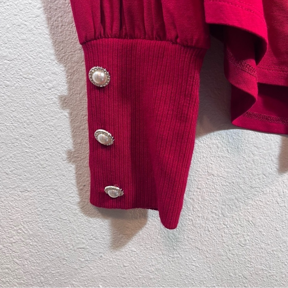 Cupio Blush Jester Red Puff Sleeve L Gathered Yoke Ribbed Mick Women’s top NWT - Picture 3 of 10